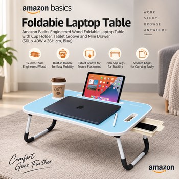 India Desire : Buy Amazon Basics Engineered Wood Foldable Laptop Table with Cup Holder, Tablet Groove and Mini Drawer (60L x 40W x 26H cm, Blue) At Rs 553 From Amazon [Regular Price Rs 1999]