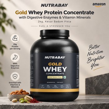 India Desire : Buy Nutrabay Gold Whey Protein Concentrate with Digestive Enzymes & Vitamin Minerals 2kg Kesar Badam Pista At Rs 4699 From Amazon [Regular Price Rs 9995]