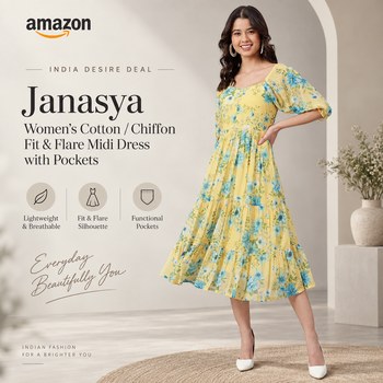 India Desire : Buy Janasya Women's Cotton / Chiffon Fit & Flare Midi Dress with Pockets At Rs 887 From Amazon [Regular Price Rs 2689]