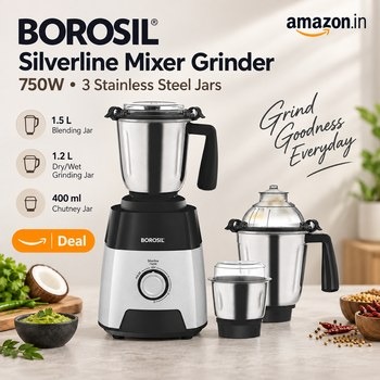 India Desire : Buy Borosil Silverline Mixer Grinder 750 Watts With 3 Stainless Steel Jars At Rs 3398 From Amazon [Regular Price Rs 7790]