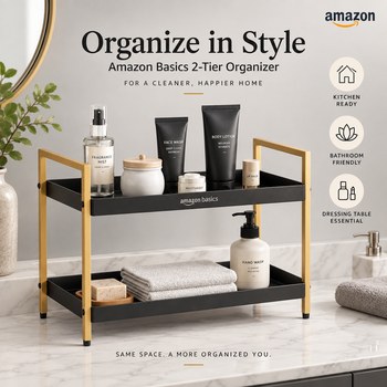 India Desire : Buy Amazon Basics 2-Tier Multipurpose Metal Countertop Organizer Rack – Kitchen, Bathroom & Dressing Table Storage Stand | Spice Rack, Cosmetic & Bathroom Organizer | 40.9L X 20W x