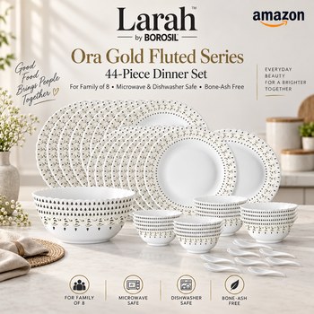 India Desire : Buy Larah by Borosil Ora Gold Fluted Series Opalware Dinner Set | 44 Pieces for Family of 8 | Microwave & Dishwasher Safe | Bone-Ash Free | Crockery Set for Dining & Gifting | Plat