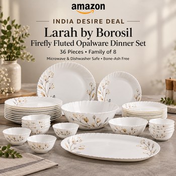 India Desire : Buy Larah by Borosil Firefly Fluted Series Opalware Dinner Set | 36 Pieces for Family of 8 | Microwave & Dishwasher Safe | Bone-Ash Free | Crockery Set for Dining & Gifting | Plate
