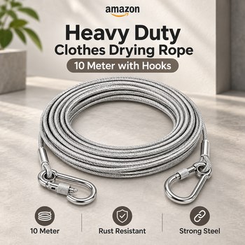 India Desire : Buy Heavy Duty Clothes Drying Rope 10 Meter with Hooks | Strong Steel Clothesline for Balcony, Travel, Camping & Home Use | Rust Resistant Silver Clothes Line At Rs 197 From Amazon