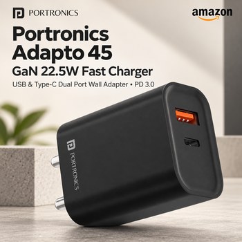 India Desire : Buy Portronics Adapto 45 GaN 22.5W Fast Charger, USB & Type-C Dual Port Wall Adapter, PD 3.0 Fast Charging Adaptor for Type C Devices (Black) At Rs 349 From Amazon [Regular Price R