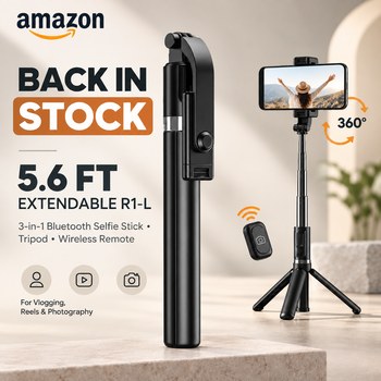 India Desire : Buy Back in stock - 5.6 ft Extendable R1-L 3-in-1 Bluetooth Selfie Stick with Tripod Stand & Wireless Remote, 360° Rotation Extendable Mobile Holder for Vlogging, Reels & Photograp
