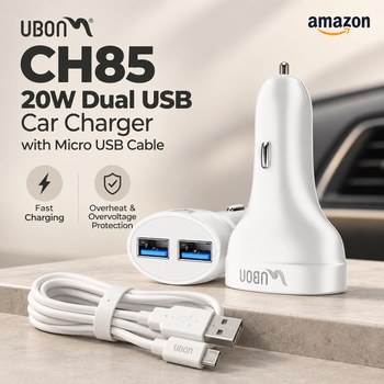 India Desire : Buy Ubon CH85 20W Dual USB Car Charger with Micro USB Cable | Fast Charging Car Adapter | Overheat & Overvoltage Protection | Compact & Durable Design | Compatible with All Smartph