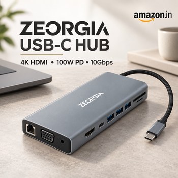 India Desire : Buy ZEORGIA USB C Hub with 4K@30Hz HDMI, 100W Power Delivery, 10Gbps USB-C, VGA, RJ45, Audio, SD/TF for USB-C Phones, Tablets, and Laptops At Rs 4999 From Amazon [Regular Price Rs 5999]