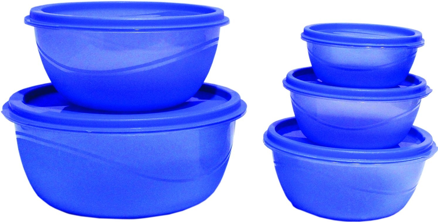India Desire : Buy Set Of 5 Princeware Plastic Bowl Package Container (Blue) At Rs. 109 Only From Amazon