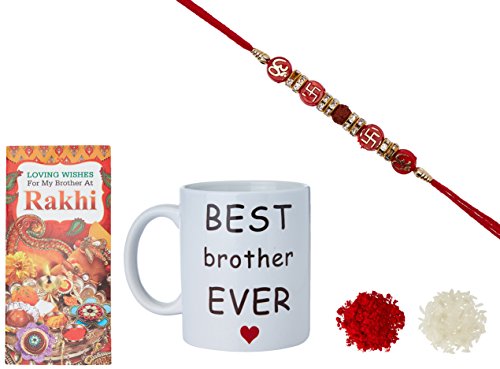 India Desire : Buy Aheli Swastik & OM Rakhi for Men with Mug & Greeting Card and Roli Chawal Tilak (Gold) (RCM6) at Rs. 100 from Amazon