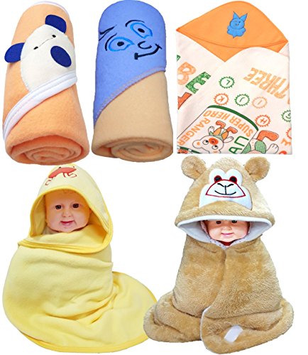 India Desire : Buy Brandonn Newborn Value Hamper Pack Of 5 Hooded Baby Blankets For Babies-Multicolored at Rs. 299 from Amazon