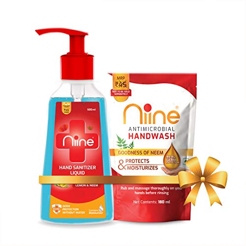India Desire : Buy Niine Hand Sanitizer Liquid Pump with Goodness of Lemon and Neem, 70% Alcohol, 500 ml Pump + 180ml Hand wash Refill (Combo Pack) at Rs. 130 from Amazon
