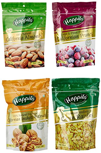 India Desire : Buy Happilo Premium Combo, 850g (California Almonds, 200g, Raisins, 250g, Prunes, 200g, inshell Walnuts, 200g) at Rs. 437 from Amazon