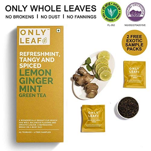 India Desire : Buy Onlyleaf Ginger Mint Lemon Green Tea, 27 Tea Bags (25 Tea Bags + 2 Free Exotic Samples) at Rs. 125 from Amazon [Regular Price Rs 200]