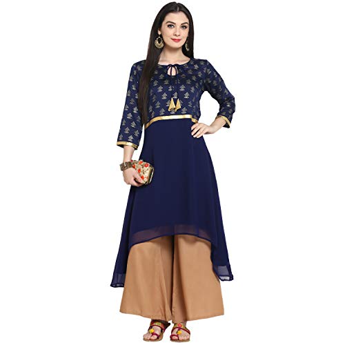 India Desire : Buy Ziyaa Women's Navy Blue Color Flared Foil Print Kurta at Rs. 399 from Amazon