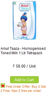 India Desire : Buy 2 Amul Taaza - Homogenised Toned Milk 1 Ltr Tetrapack & Get 2 Free & Max 2 Free Per Order From Greencart