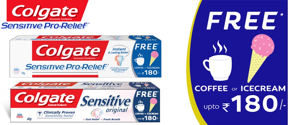 India Desire : Buy A Colgate Sensitive Original & Colgate Sensitive Pro-Relief toothpaste & Get Free 2 Baskin Robbins or Gelato ICE Cream or 2 Coffee at Caffe Coffe Day