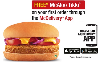 India Desire : Mcdonald Free McAloo Tikki Offer On Your First Order Through McDelivery APP