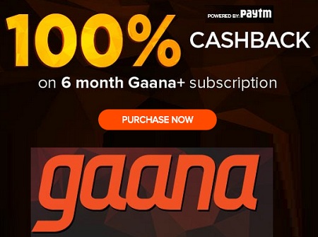 India Desire : Gaana Paytm 100% Cashback Offer : Get Paytm 100% cashback On 6 Month Subscription of Gaana+