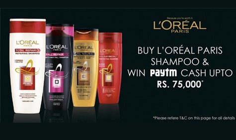 India Desire : Loreal paytm offer: Get Free Paytm Cash Upto Rs. 75000 On Buy L’Oreal Paris Shampoo [Valid From 22nd May 2015 to 31st Dec 2015]