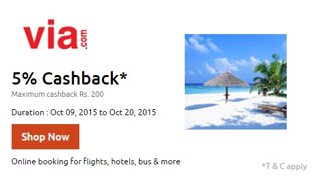 India Desire : Via.com Payumoney Offer : Get Extra 5% Cashback By Payumoney On Via.com Between 9th to 20th Oct