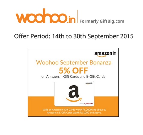 India Desire : Woohoo September Bonanza : Get Exra 5% Off On Amazon.in Gift Cards & E-gift Cards From Woohoo APP